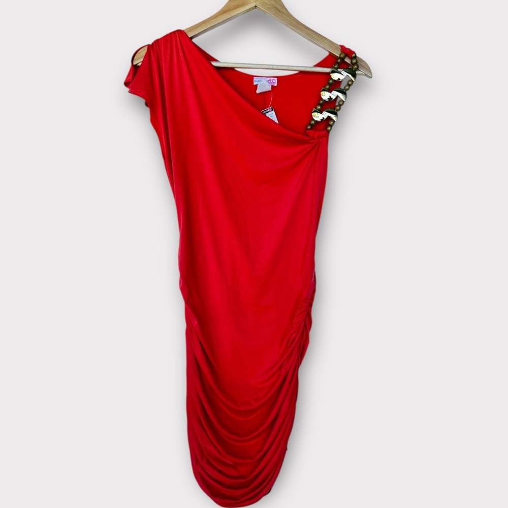 Body Central Red One Shoulder Ruched Bodycon Mini Dress Gold Chain Detail Medium